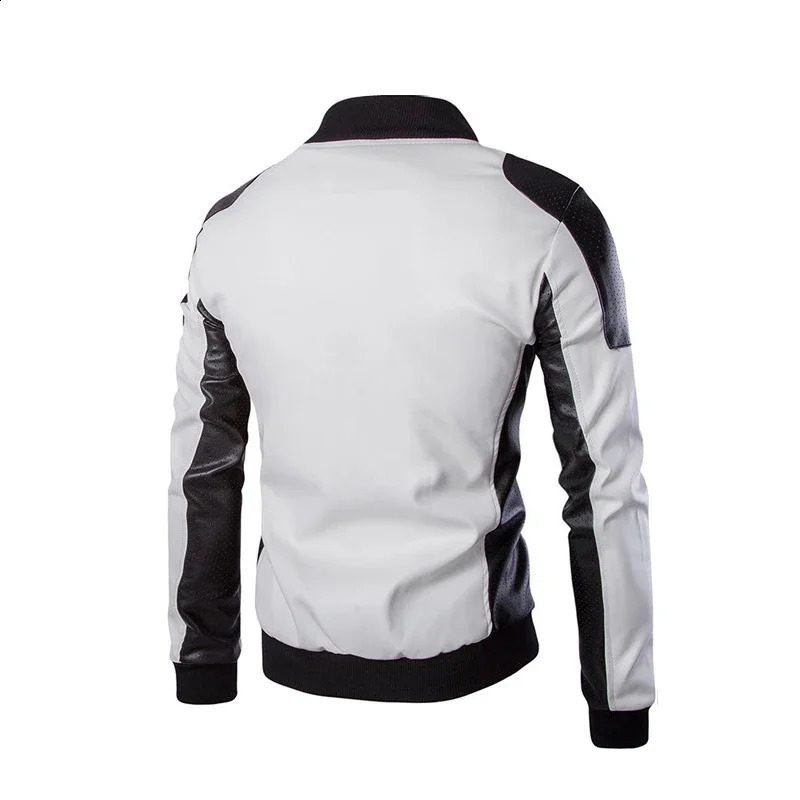 Men Stand Collar Coat Black White Color Matching Casual Leather Jacket Fashion Racing Clothing PU Leather Jacket 5XL-M 240822