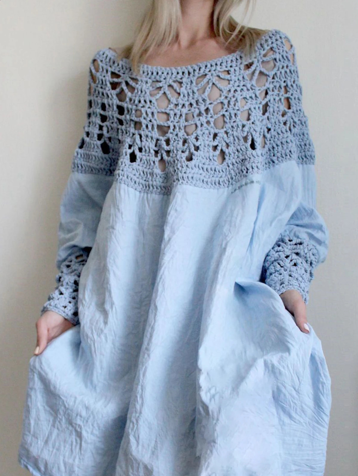 Fashion Dress for Women Solid Color Loose Fit Midi Dress Hollow Out Patchwork Long Sleeve Dress Female Outfits 240822