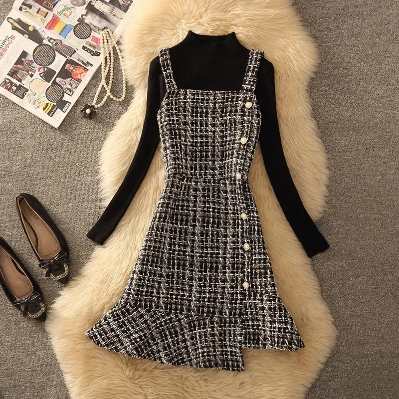 Autumn Winter Women Graceful Pink Tweed Vest Dress Sweater 1 or 2 Piece Set Asymmetric Overall Tank Dresses Knit Tops Outfits 240823
