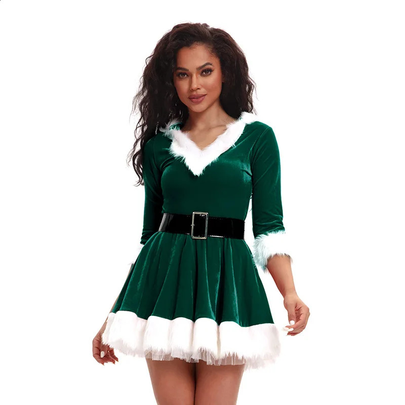 Fashion Womens Half Sleeve Solid Color Santa Claus Christmas Theme Costume Role Playing Set Belt Fancy Dress 240823