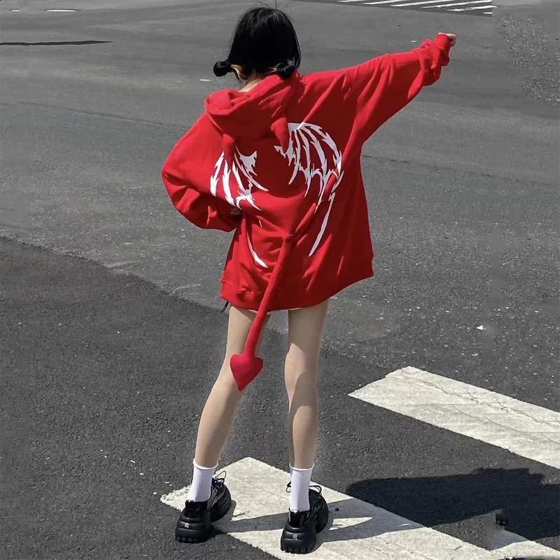 Autumn Harajuku Hoodies Women Gothic Punk Devil Horn Hooded Sweatshirt Halloween Couple Matching Detachable Tail Zip-Up Outwear 240823
