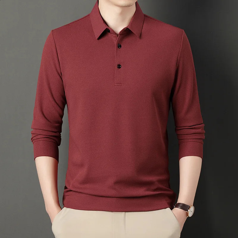 Mens Spring and Autumn waffle long sleeved Tshirt mens polo shirt solid color casual 240823