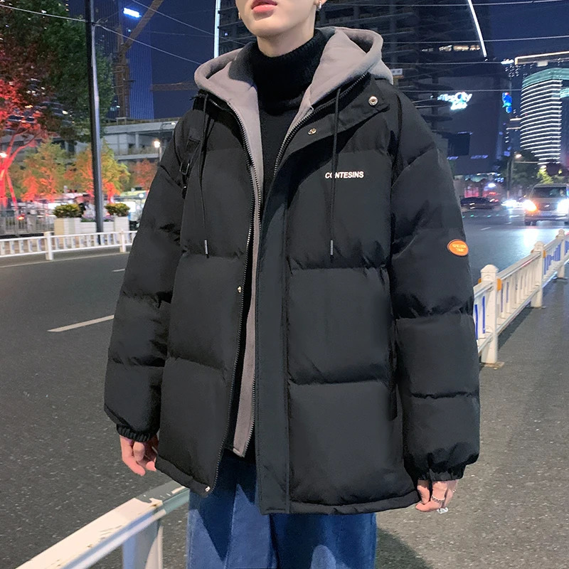 Harajuku mens casual loose thick Parkas winter solid jacket hooded womens streetwear 240822