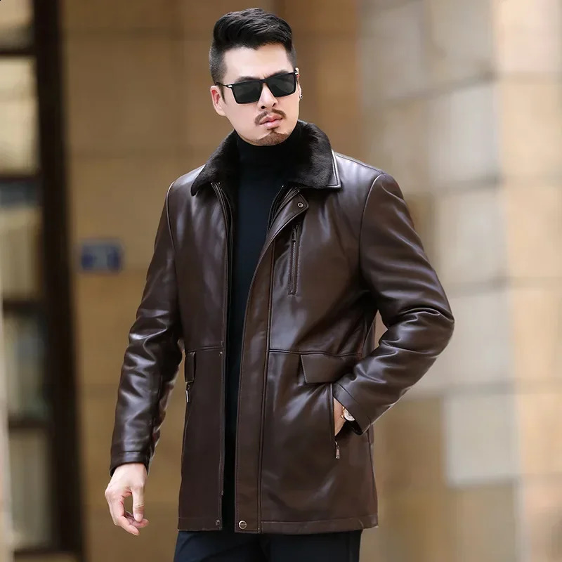 Mens Sheepskin Genuine Leather for Middle-aged and Elderly Men Plush and Thickened Winter Warm Mid Length Jacket 240822