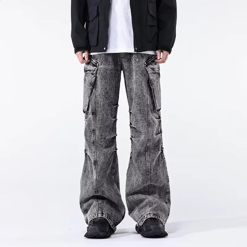 Ropa Aesthetic Y2K Fashion Vintage Grey Baggy Cargo Jeans Pants For Men Clothes Pleated Streetwear Straight Long Trousers 240822