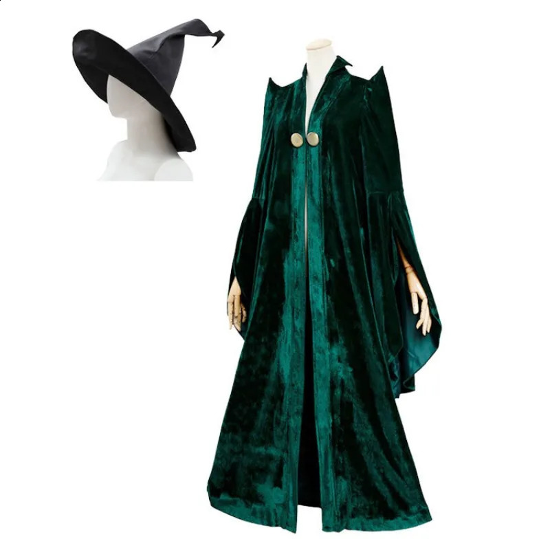 High quality Professor Minerva McGonagall cosplay costume green horn velvet Halloween carnival 240823