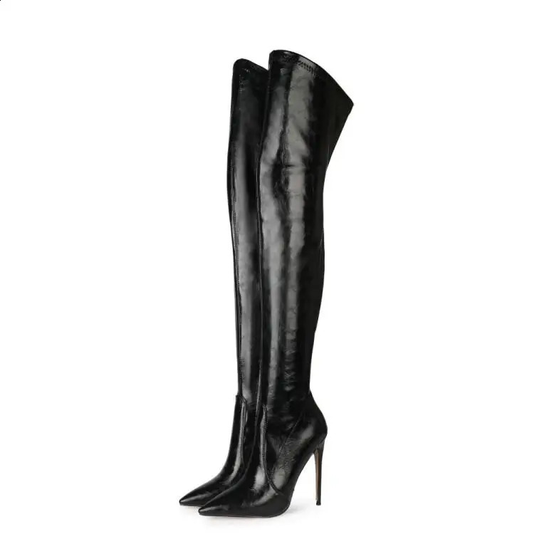 10/12cm High Heels Classic Smooth Leather Side Zipper Stills Over Knee Boots Pointed Toe Winter Arrival Womens Shoes 240823