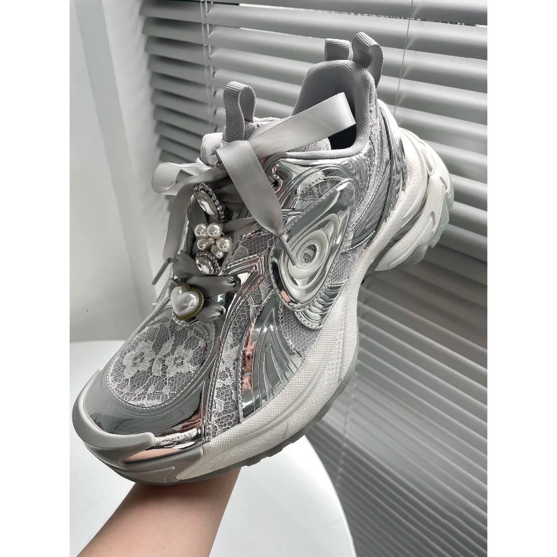 Ddmysports Cowhide Edition Lace Thick Sole Dad Women S New Pearl Mesh Casual Up Turbo Sports Shoes OUTDOOR