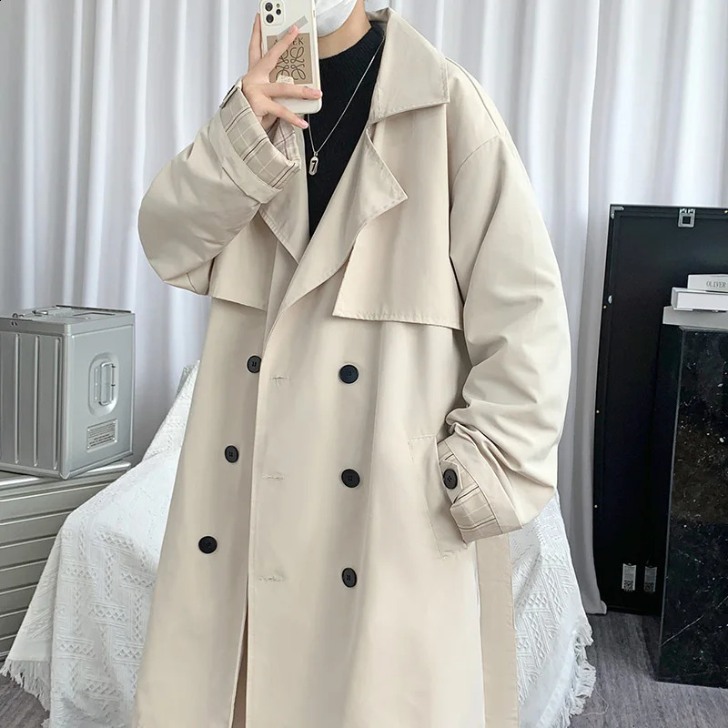 Spring Autumn Long Oversized Khaki Black Trench Coat Men Sashes Double Breasted Loose Casual Korean Fashion Windbreaker 240822