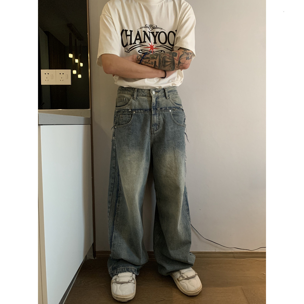 Fashionable Double Waisted Pants with Large Pant Legs Loose Jeans for Men in Summer New Embroidered Casual Versatile Denim Pants Trendy