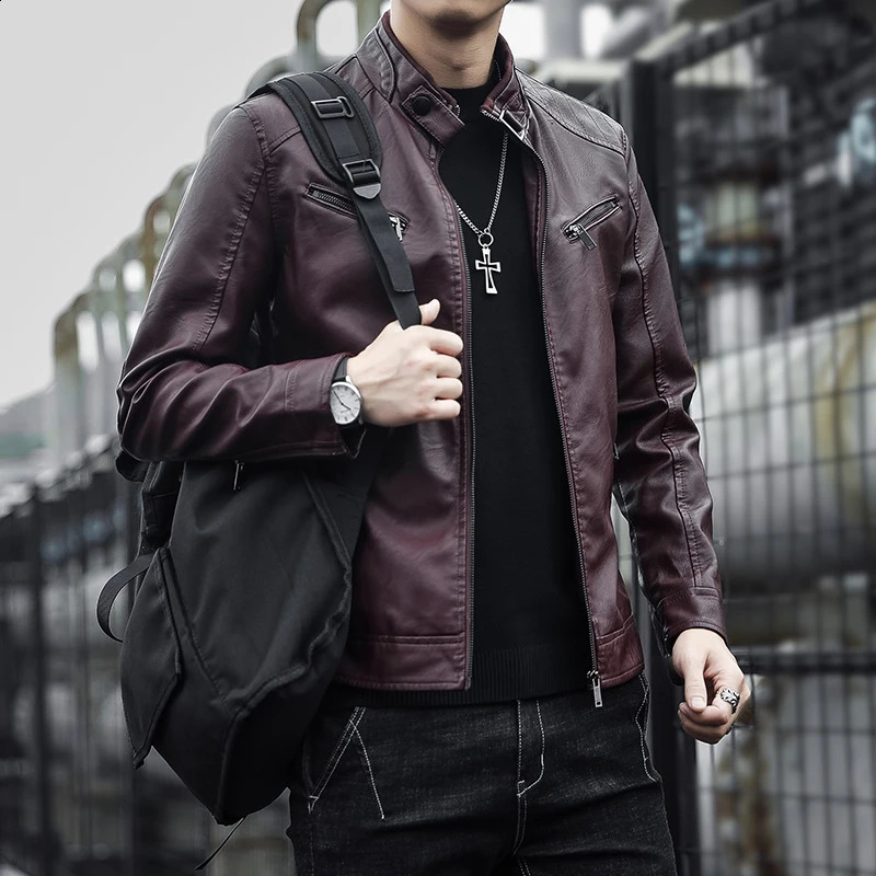 Autumn Men Casual Fashion Stand Collar Slim PU Leather Jacket Solid Color Leather Jacket Men Anti-wind Motorcycle S-4XL 240822