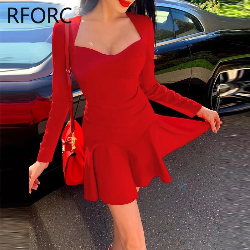 Women Solid Long Sleeves Skinny Ruffle Hem Mini Bodycon Formal Party Red Dress 240823