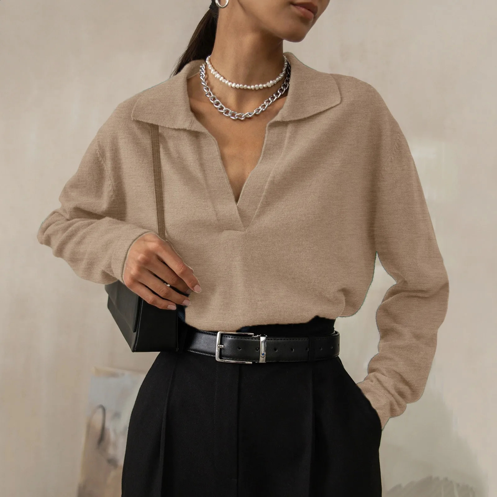 Spring and autumn vintage womens shirt Y2k Vneck pocket zipper sweater long sleeved Tshirt solid color office top 240822