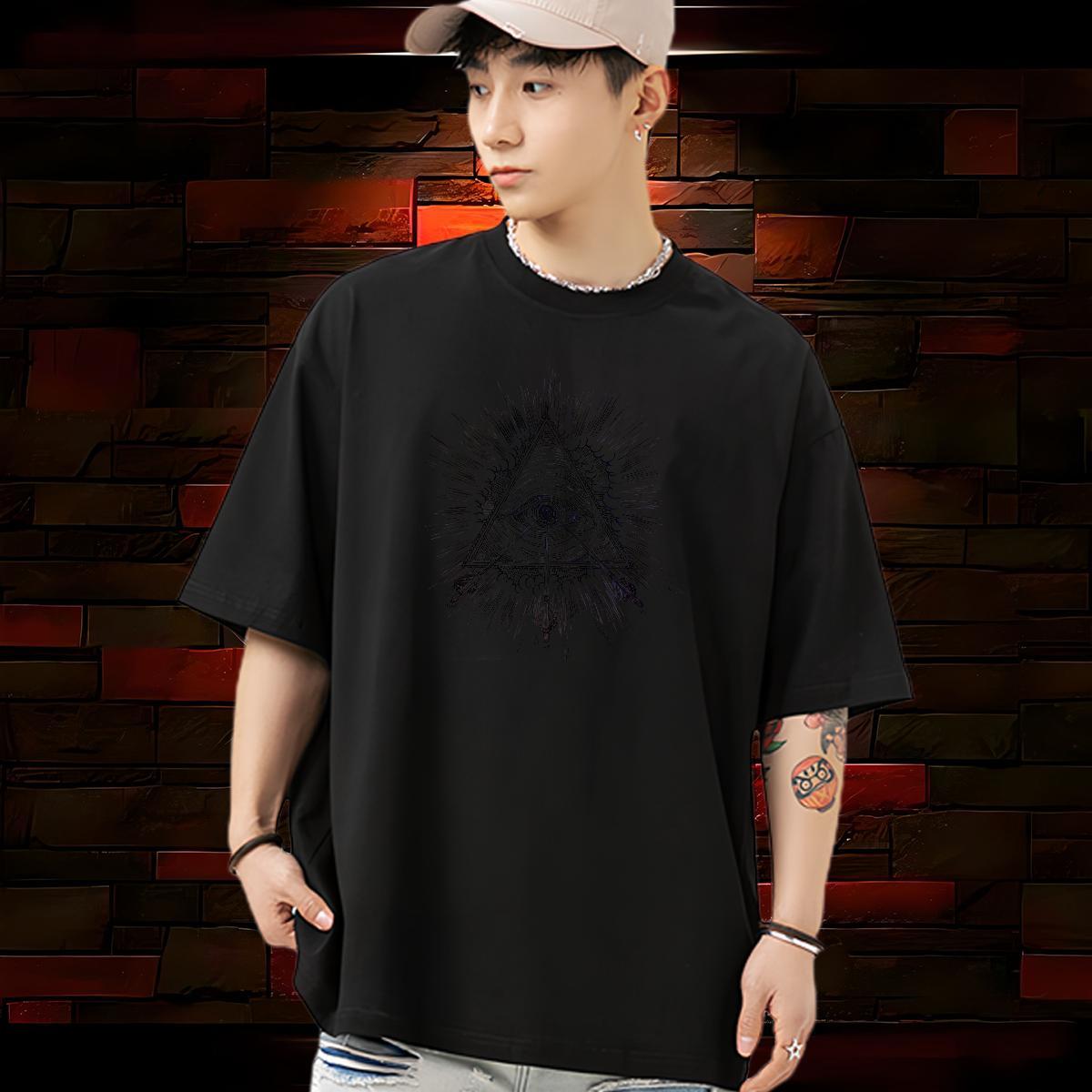 TOP Quality T shirt 230g Pure Cotton eye of the devil Casual DIY Logo Oversized Breathable Crew Neck Men Clothes T-Shirt New Arrival Tops