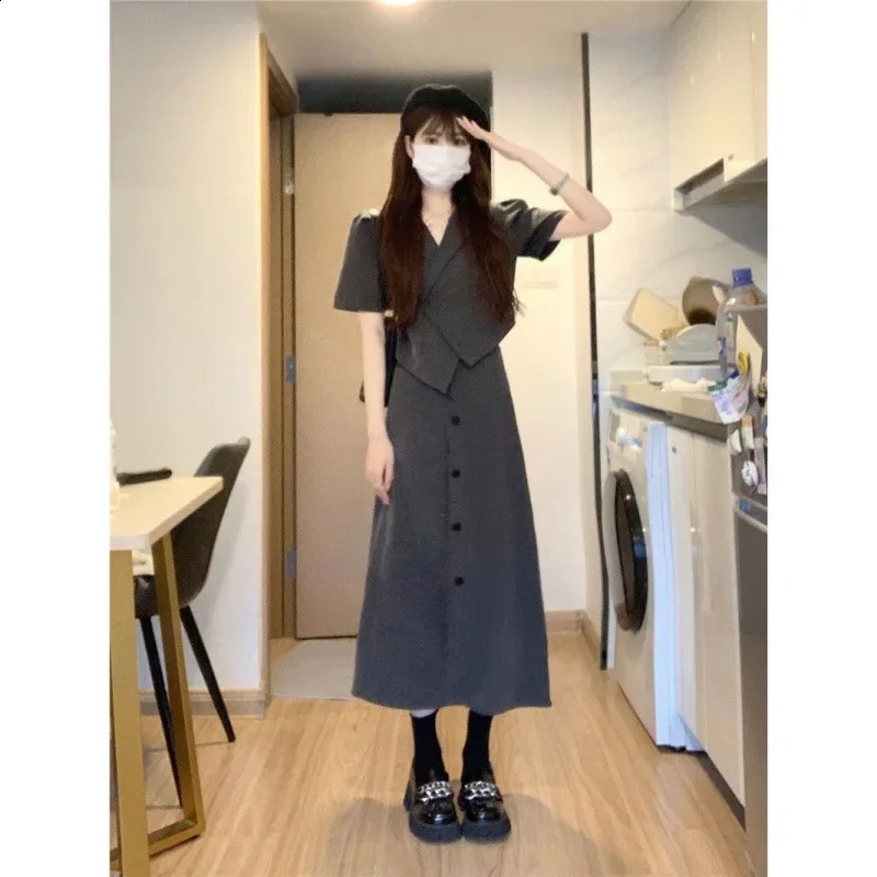 Summer Womens Suit Cropped Irregular Lapels High-waisted Skirt 2-piece Set Hong Kong Style Fashion 240823