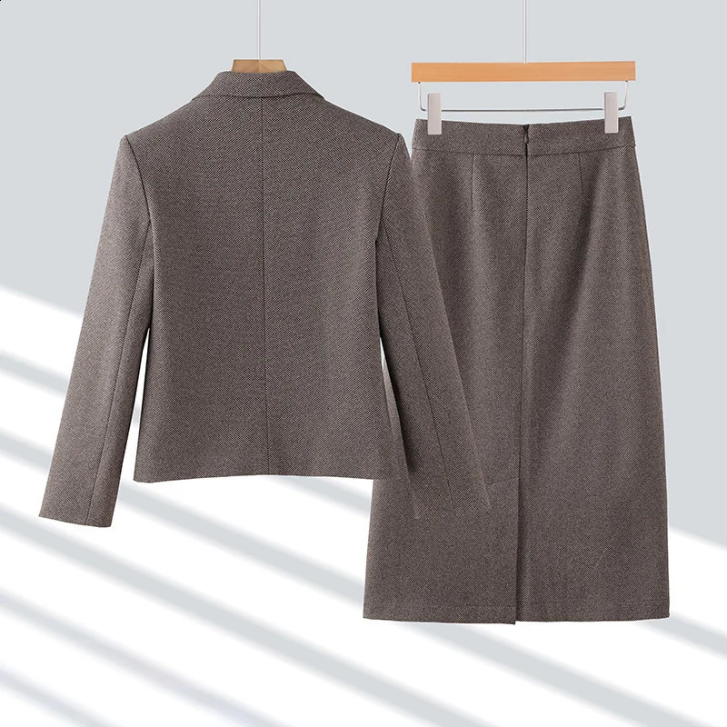 Autumn Winter Suit Womens Clothing Brown Gray Double Breasted Blazer Jacket And High Waist Long Skirt Two Pieces Sets 240823