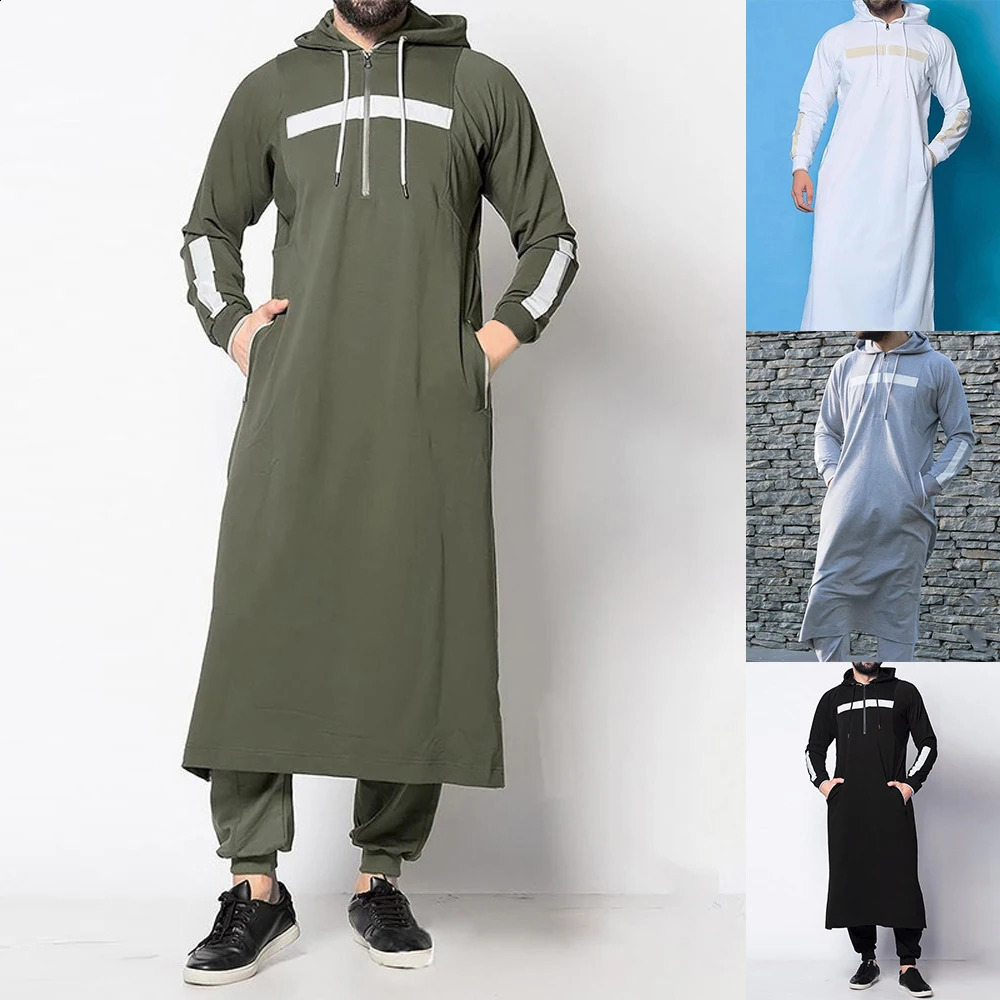 Mens Muslim Middle Eastern Islamic Arab vintage clothing loose long sleeves drawstring pockets fulllength hooded robe 240822