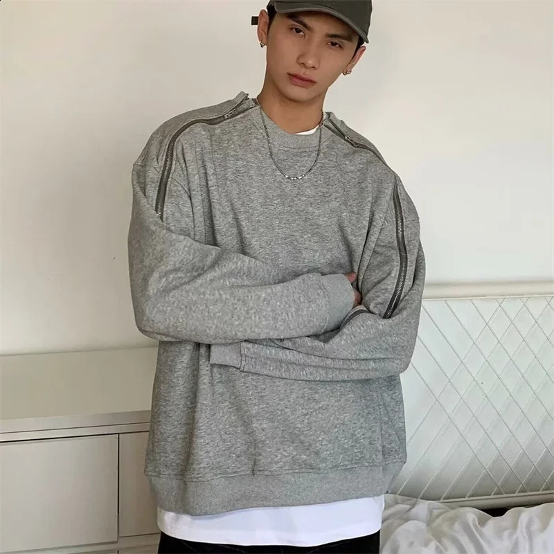 Retro Zipper n O-neck Sweatshirts For Men Autumn Y2K Streetwear Gray Pullover Hoodies Loose Hip Hop Fashion Sweat-shirt 240823