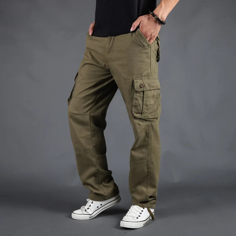 Autumn Winter Mens Pants Outdoor Multi-Pocket Cargo Pants for Men Cotton Plus Size Sports Casual Trousers Khaki Gray Black 240822