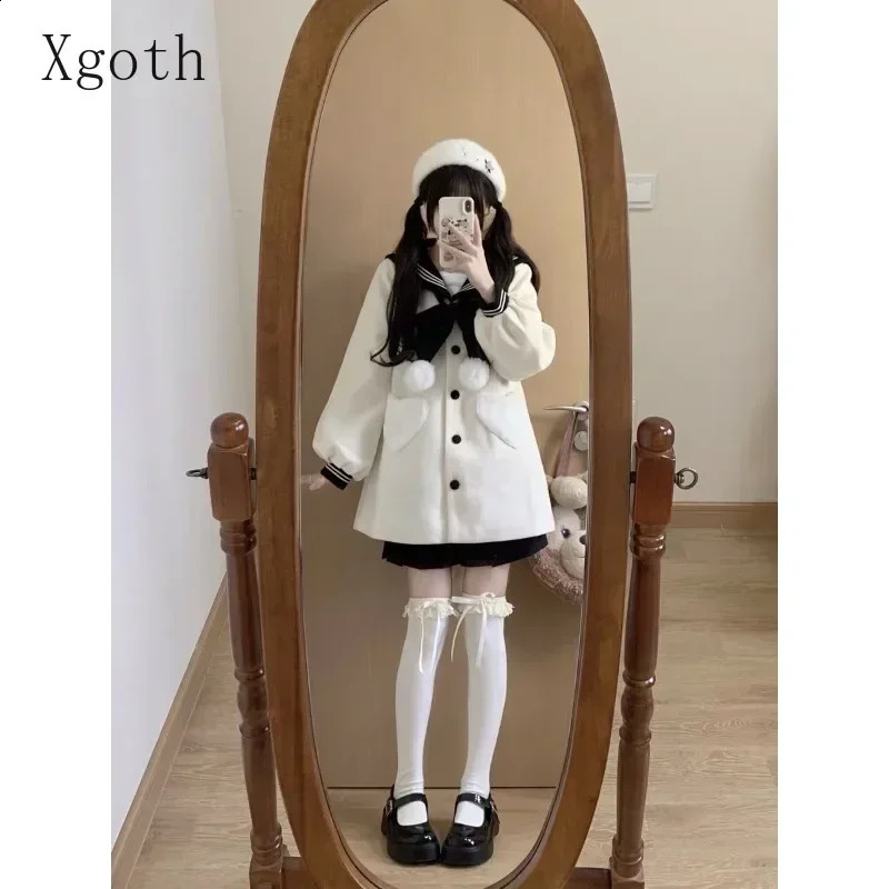 Womens Coats Contrast Sailor Collar Bow Single Breasted Heart Pocket Sweet Age Reduction Versatile Woolen Coat Ladies Clothing 240822