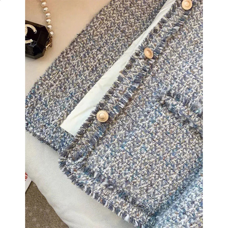 Spring Autumn Chic Tweed Jacket Womens Outwear Korean Drama Wears Loose Single-Breasted Sweet Woolen Coat Tops 240822