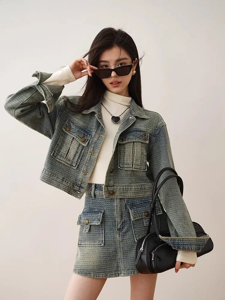 Womens cow fashion set retro n short jacket casual slimming short skirt two-piece set 240823