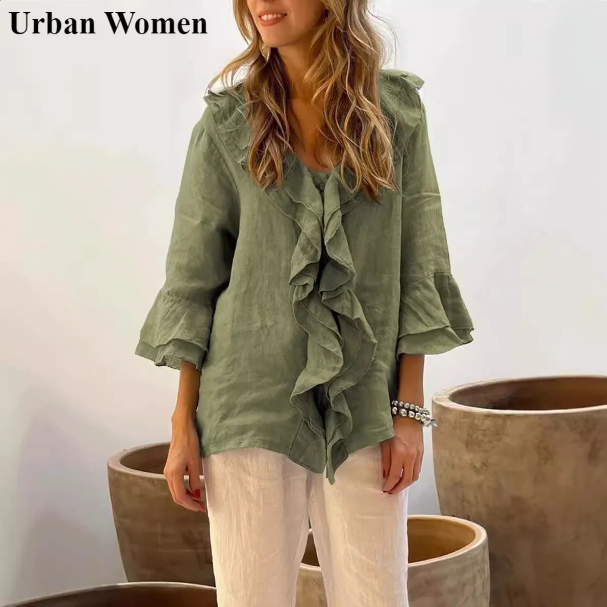 Autumn Fashion Ruffle Blouse Womens Sweet Office Vneck Collar Sleeves 240822
