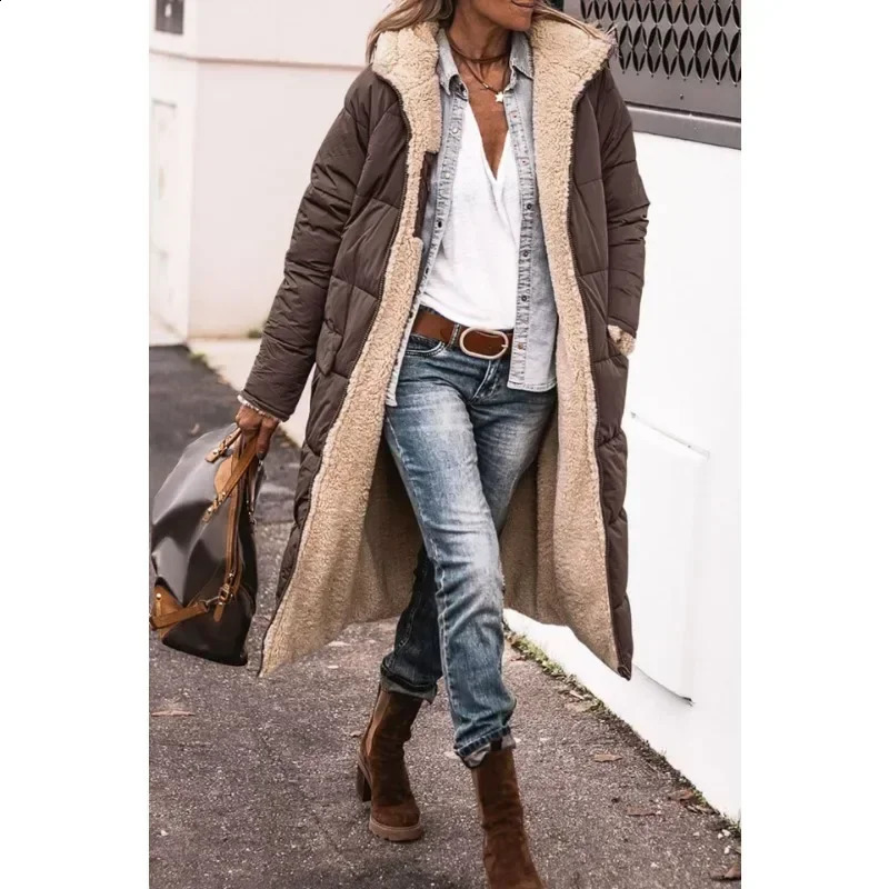 Womens loose solid color plush long park coat winter womens casual sleeved hooded pocket zipper 240822