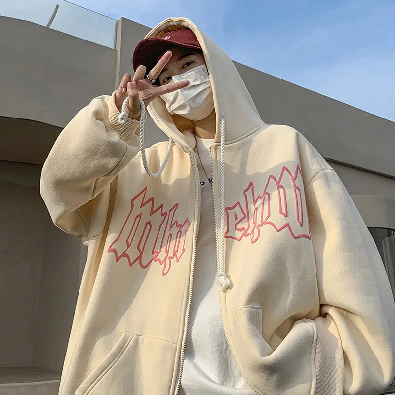 Autumn Mens Letter Foam Print Zip Up Hoodies Y2K Goth Streetwear Loose Sweatshirts Female Hip Hop Oversized Hoodie Tracksuit 240823