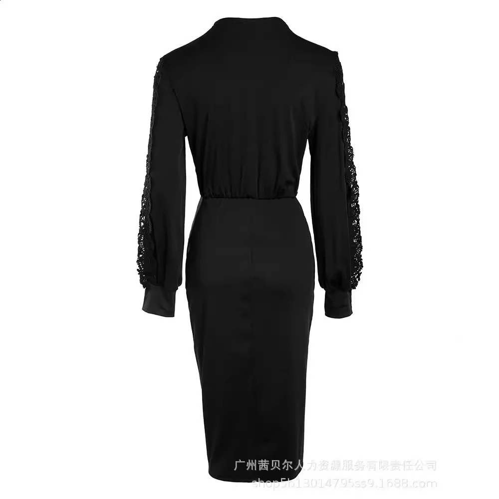 Women Slim Long Sleeve Fashion Lace Stitching Dress High Waist V neck Knee Length Sexy Dress Black Summer 240823
