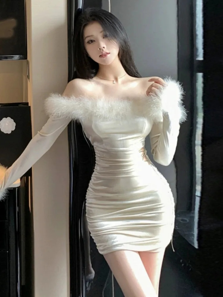 Kimotimo Temperament Fur Collar Exposed Waist Party Dress Women Autumn Winter Long Sleeve Folds Slim High End Wrapped Dresses 240823