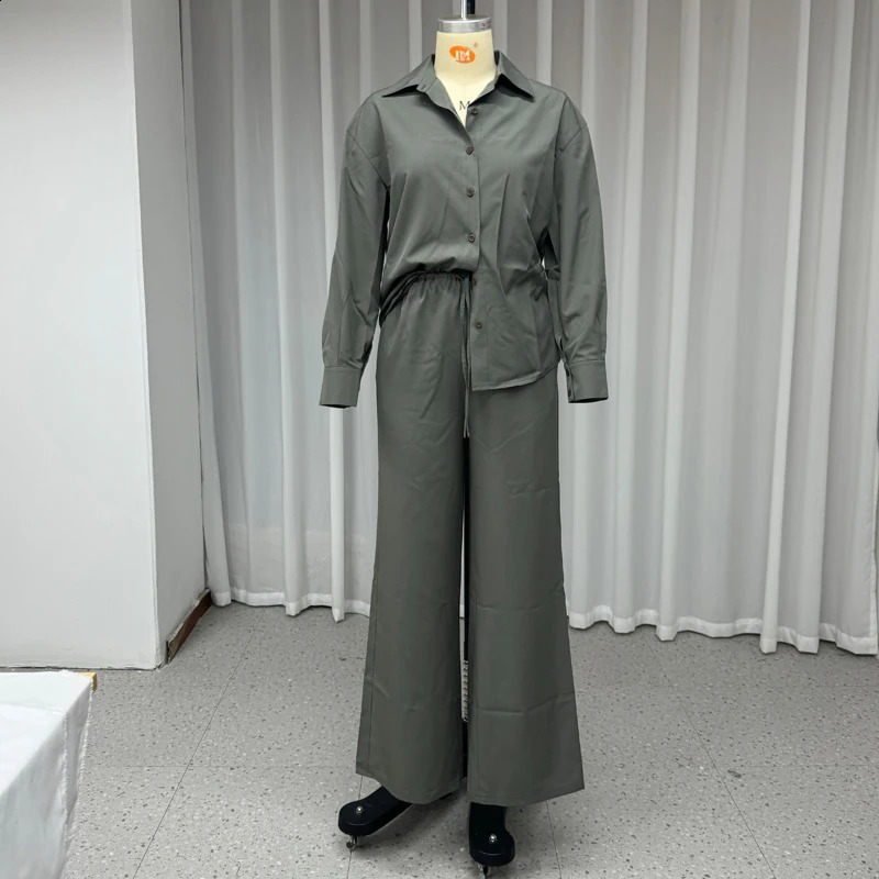 Wefads Two Piece Set 2024 Women Summer Casual Lapel Solid Long Sleeve Single Breasted Button Top Wide Leg Pants Sets Streetwear 240813