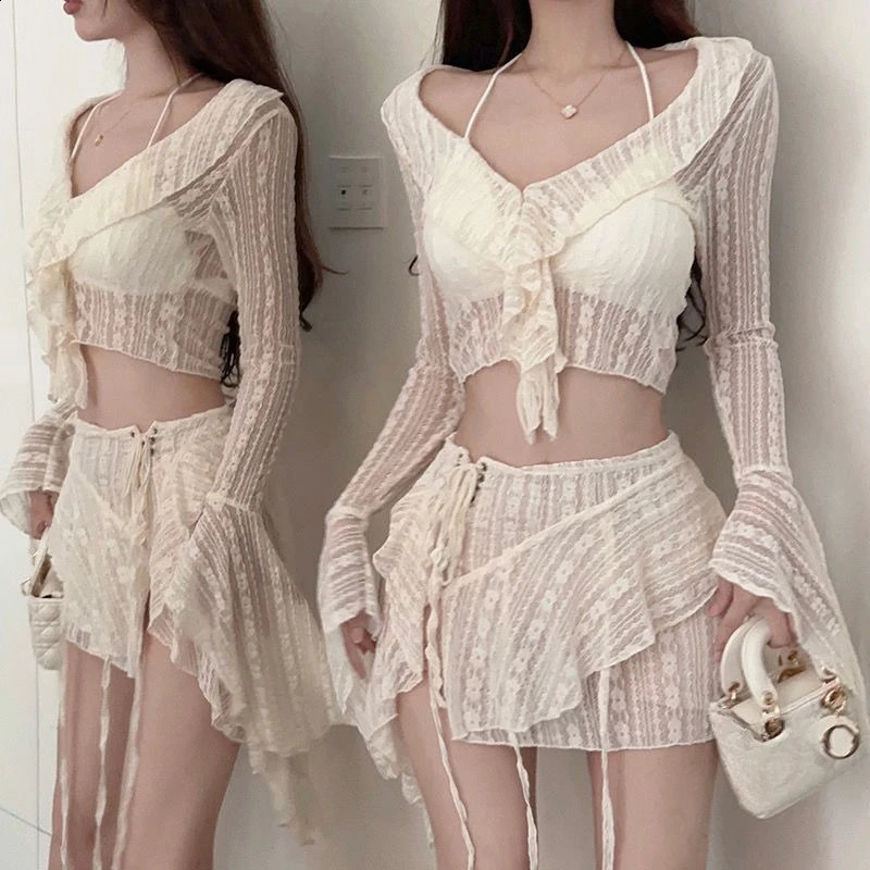 French Lace Splice Top Irregular Skirt Two-piece Set Women Lace Up Flare Sleeves Spicy Beach Vacatio Slim Summer Chic Suit 240823