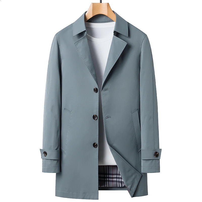 Business Casual Windbreaker Mens Spring And Autumn Solid Mid Length Coats Outerwear Loose Trench Jacket Lapel Top Overcoat 240822