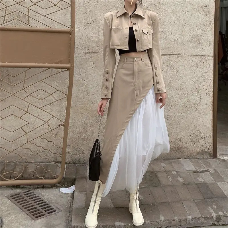 Short suit jacket high waisted mesh skirt two-piece set for womens autumn workwear set 240823