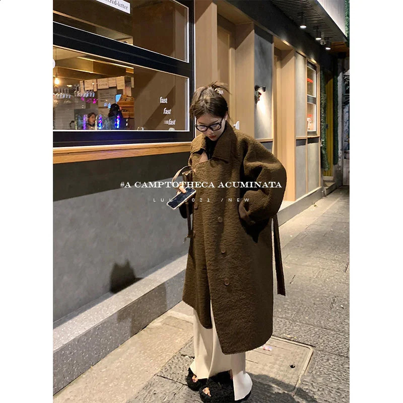 Temperament Lamb Wool Coat Womens Winter Fat Sister British Style Lazy Over Knee Loose Long Wool Coat Solid Color 240822