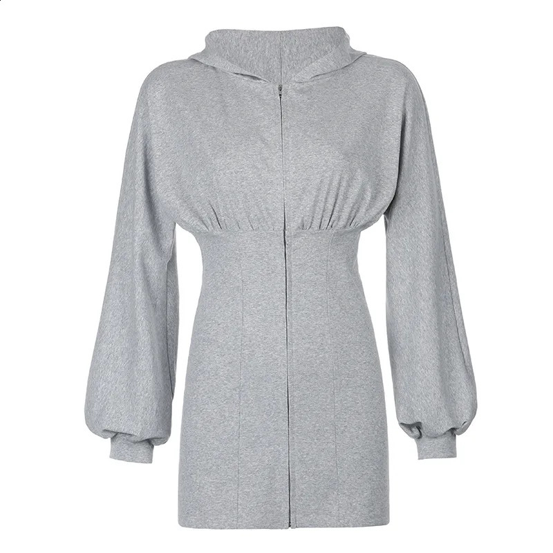Women Fashion Casual Autumn Winter Warm High Waist Long Sleeve Tummy Control Hooded Side Pockets Front Zipper Dress Grey 240823