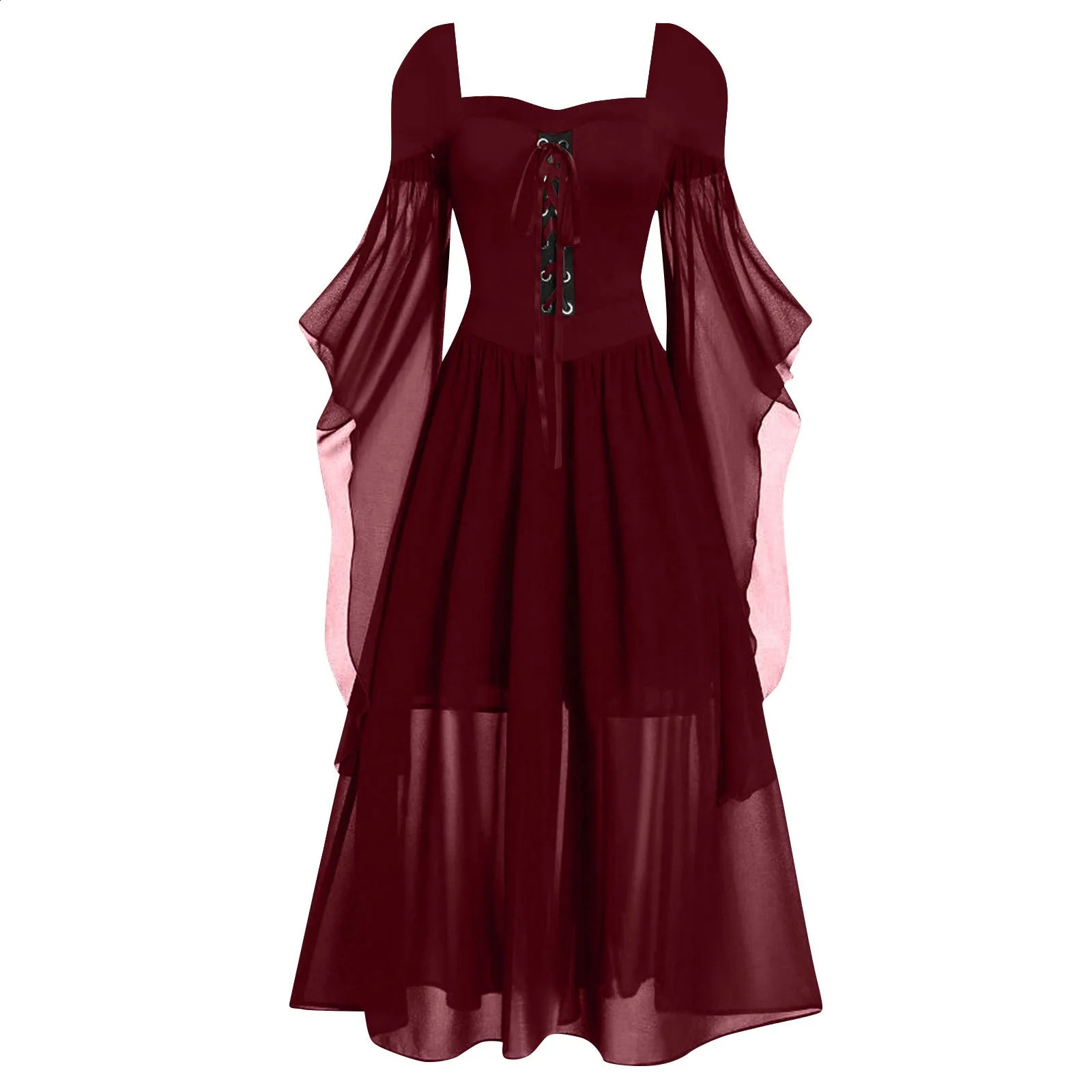 Medieval Witch Dress Butterfly Sleeve Gothic Mesh Lace Pendant Halloween Carnival Costume Size Up 240823