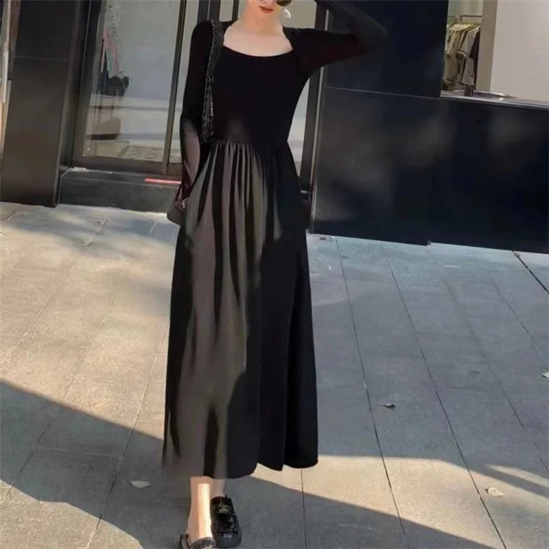 Women Casual Solid Dress Fall Winter Elegant Office Lady Dress Sexy Square Collar Long Sleeve High Waist Bodycon Party Dress 240823