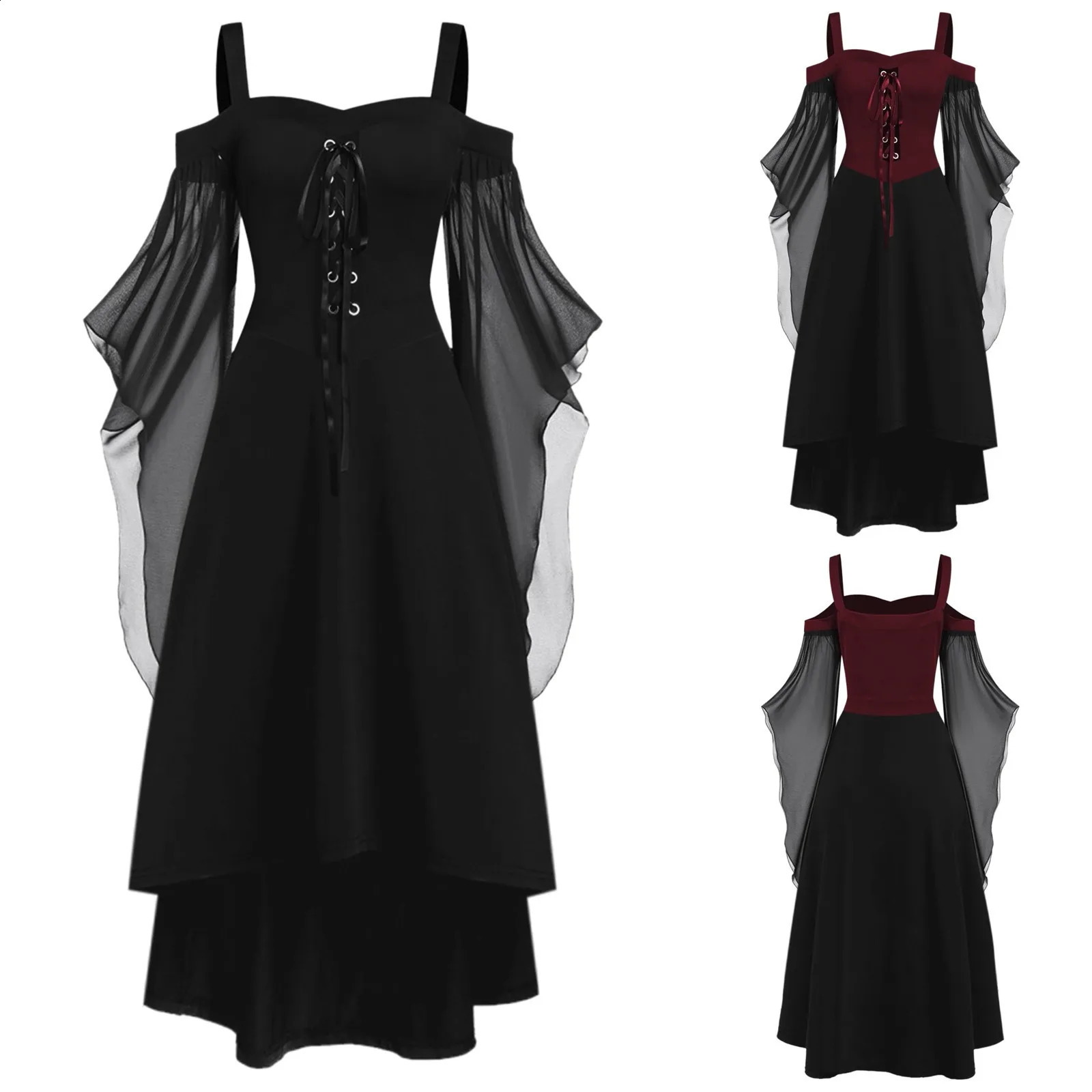 Retro Gothic Dress Witch Halloween Costume Lace Strap Collar Long Horn Sleeves Womens Role Playing 240823