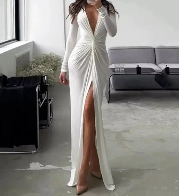 Autumn Winter Spring Fashion Casual Sexy V-Neck Long Sleeve Solid Slim Pleated Dress Elegant Party Dresses for Women 240823