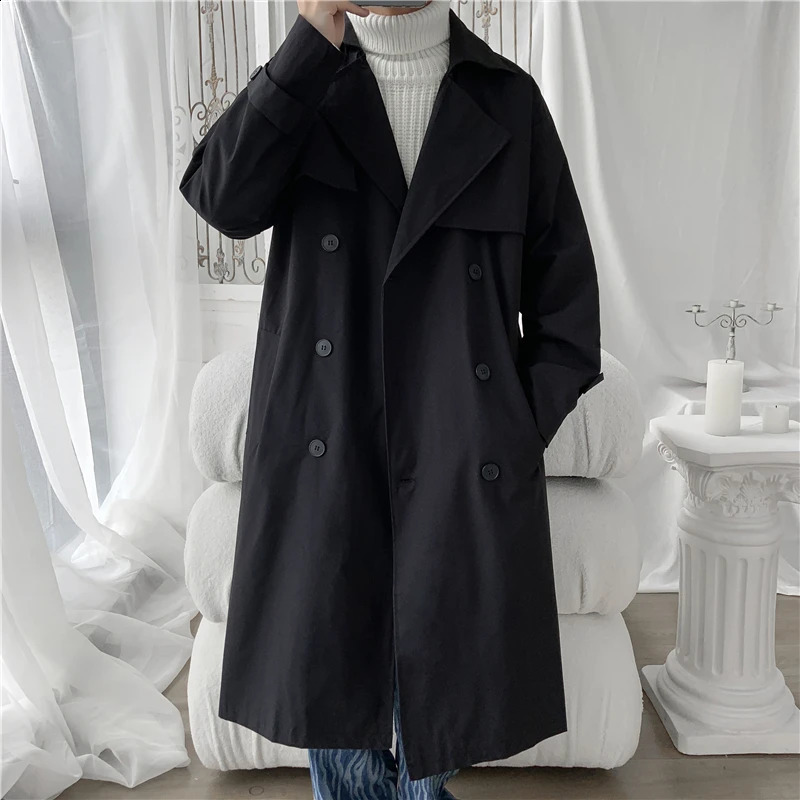 Korean Fashion Trend Mens Loose Casual Belt Overcoat Spring Loose Trench Long Sleeve Men Woman Coat Large Size Streetwear 240822