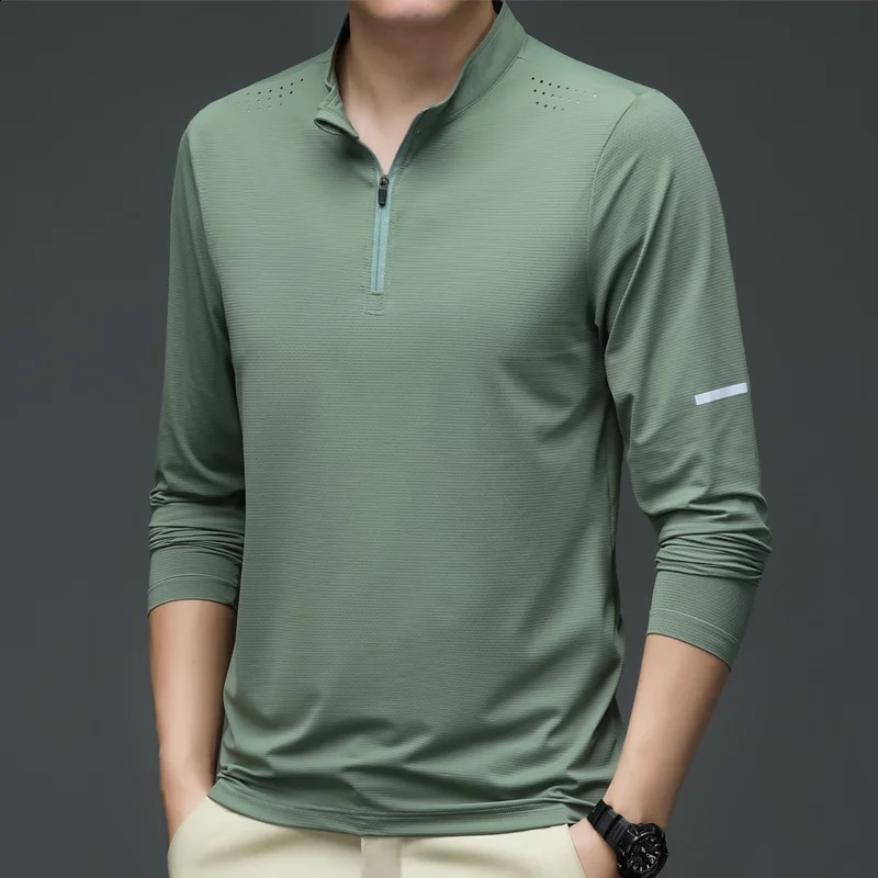 mens casual business Tshirt long sleeved solid color loose elastic top quick drying silk stand up collar style 240823
