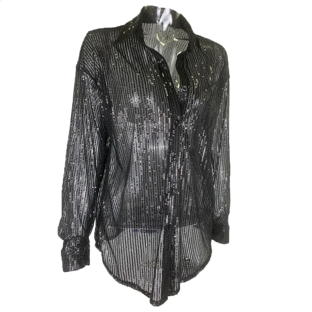 Womens Shiny Glitter Shirt Fashion OL Collar Single Chest Loose Shirt Summer Womens Shirt 240822