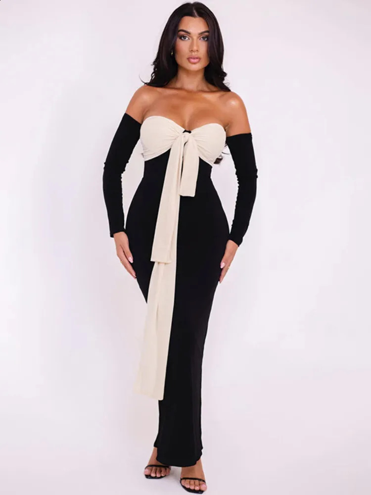 Mozision Patchwork Off-shoulder Sexy Maxi Dress For Women Gown Contrast Color Strapless Long Sleeve Bodycon Sexy Long Dress 240823