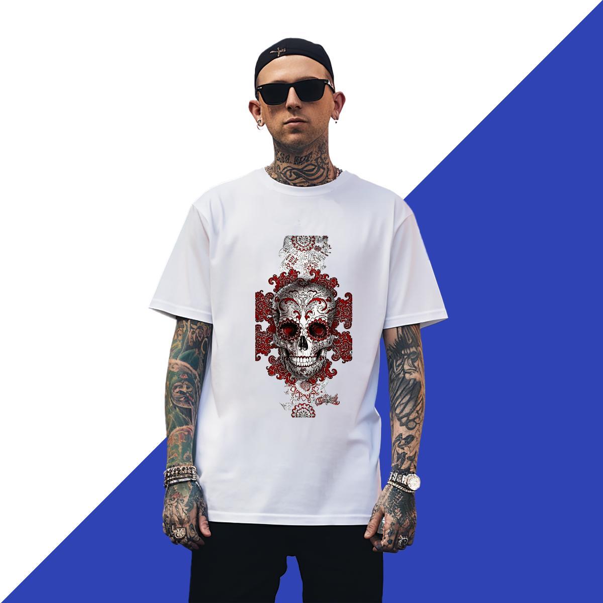 Wholesale T-Shirts 100% Cotton 230g skull Street wear Hip Hop Custom Printed Crew Neck Breathable Tshirt for Man Woman Casual New Polos
