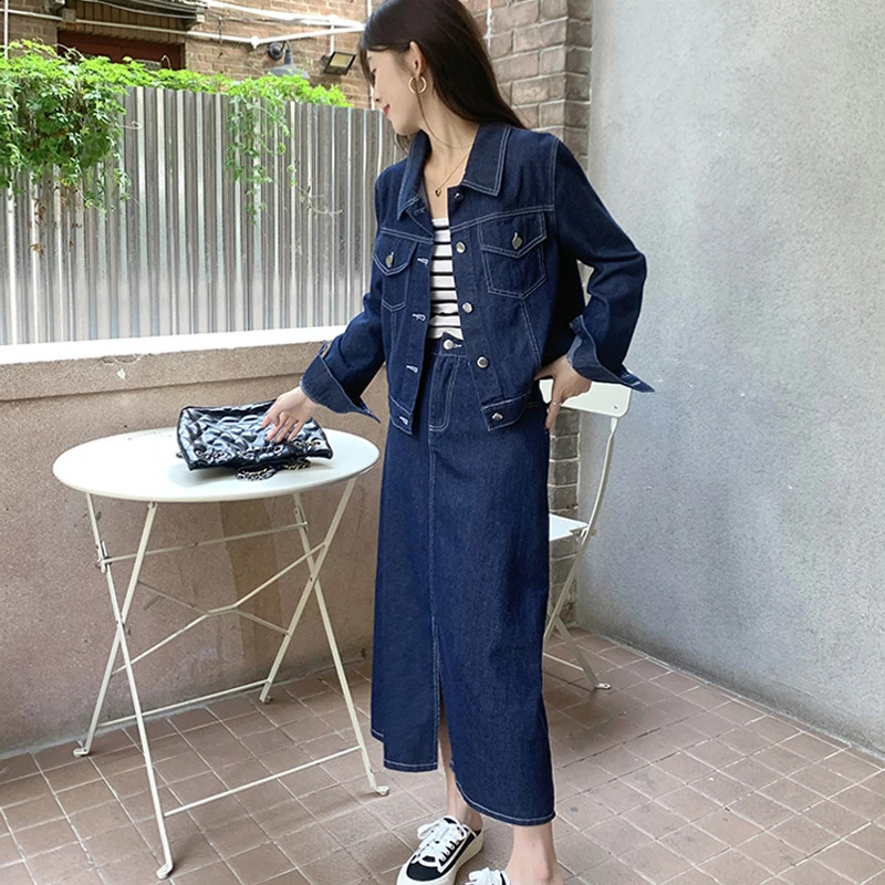 Autumn Winter Denim Two-piece Set For Women Lapel Collar Jacket Tops And Pencil Skirt Female Large Size 3XL Blue Matching Suits 240823