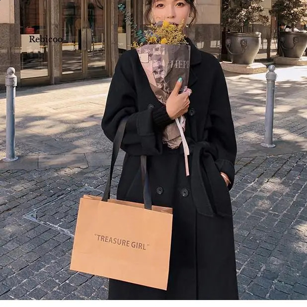 Winter Autumn Christmas Red Black Loose Long Wool Coat Jacket Belt Woolen Overcoat Korean Women Split Hem Cardigan Outerwear 240822