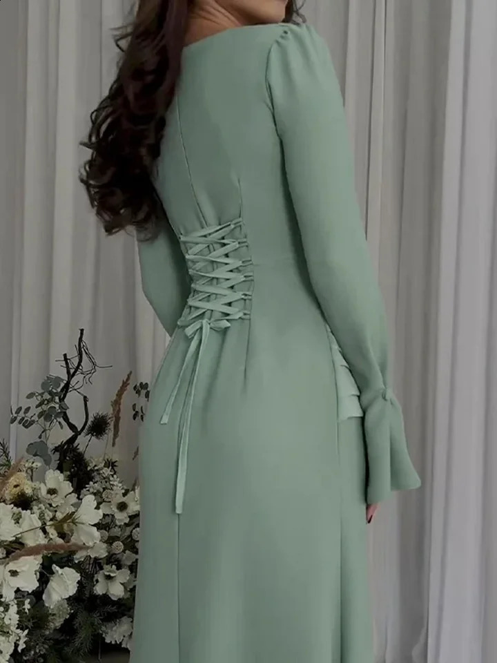 Women V Neck Long Sleeved Folds Long DressWomen Green Flare Sleeve Pleated Slim Dress Lady Party Evening Vestidos 240823