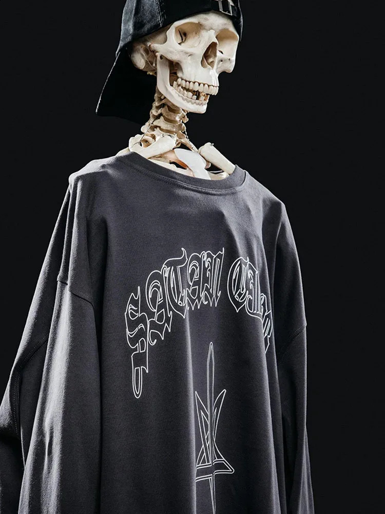 Mens Tshirt oversized long sleeved top autumn print cotton Korean retro Harajuku Gothic streetwear Y2k 240823